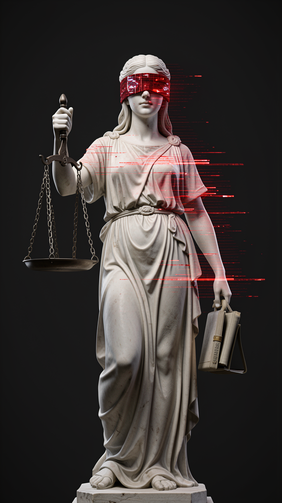 Estatua de la Justicia con venda digital y falla roja