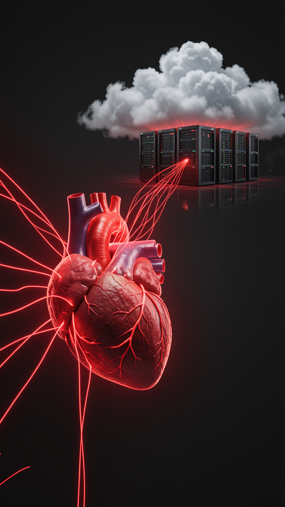 Corazón artificial conectado por líneas de datos a un servidor en la nube